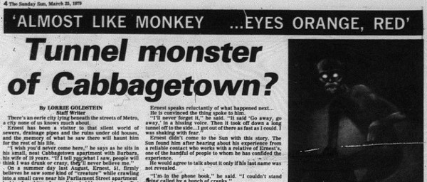 Newspaper Clipping of Story of the Tunnel Monster of Cabbagetown