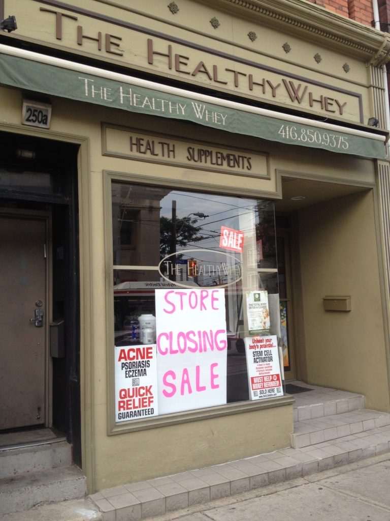Image of store closing sale sign at Healthy Whey
